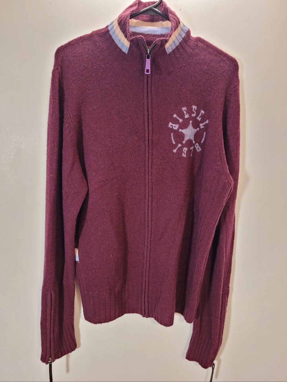 Diesel Y2k Men's Plum Zip 100% LambsWool Cardigan with Striped Collar - Size L